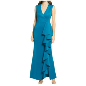 ELIZA J Womens In Peacock Ruffle Stretch Satin Gown Size 6